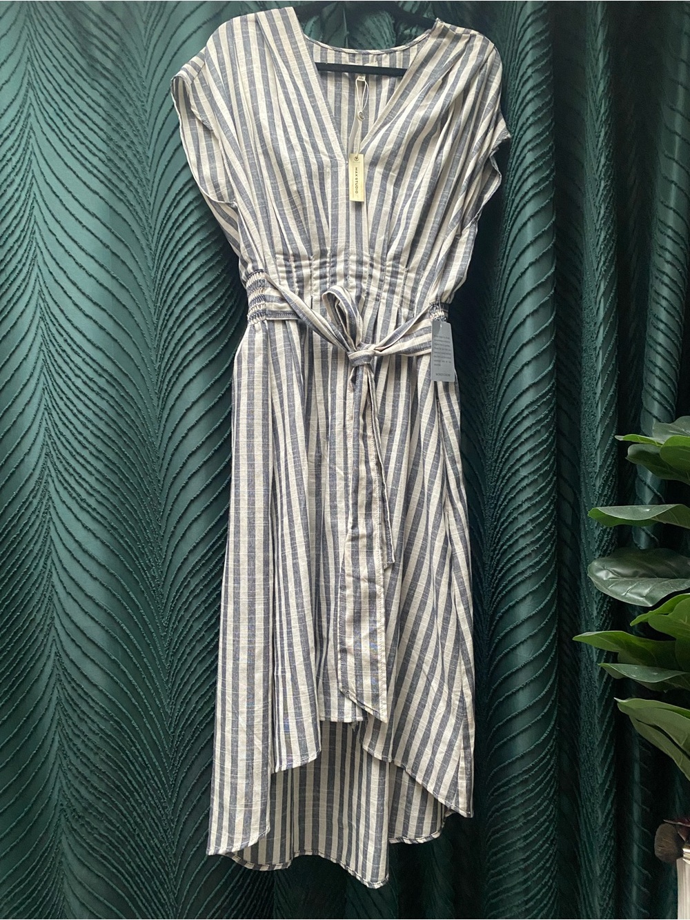 Striped V-Neck Tie-Waist Midi Dress in Grey and White